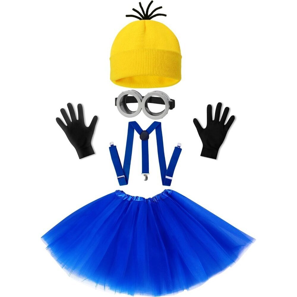 Women Halloween Costume Set Goggles Beanie Blue Tutu Suspenders Gloves